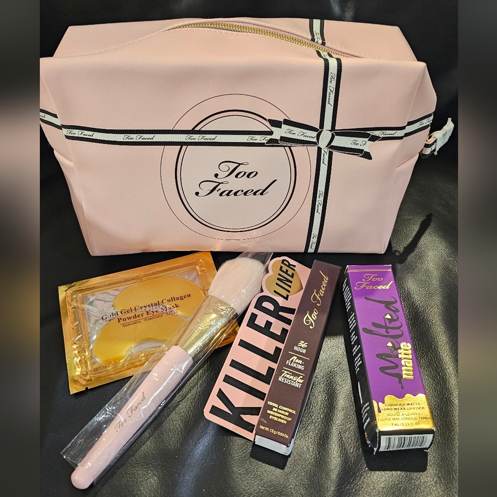 Too Faced Beauty Bundle Bag, Face Brush, Lip Gloss, Eye mask & Eye liner New